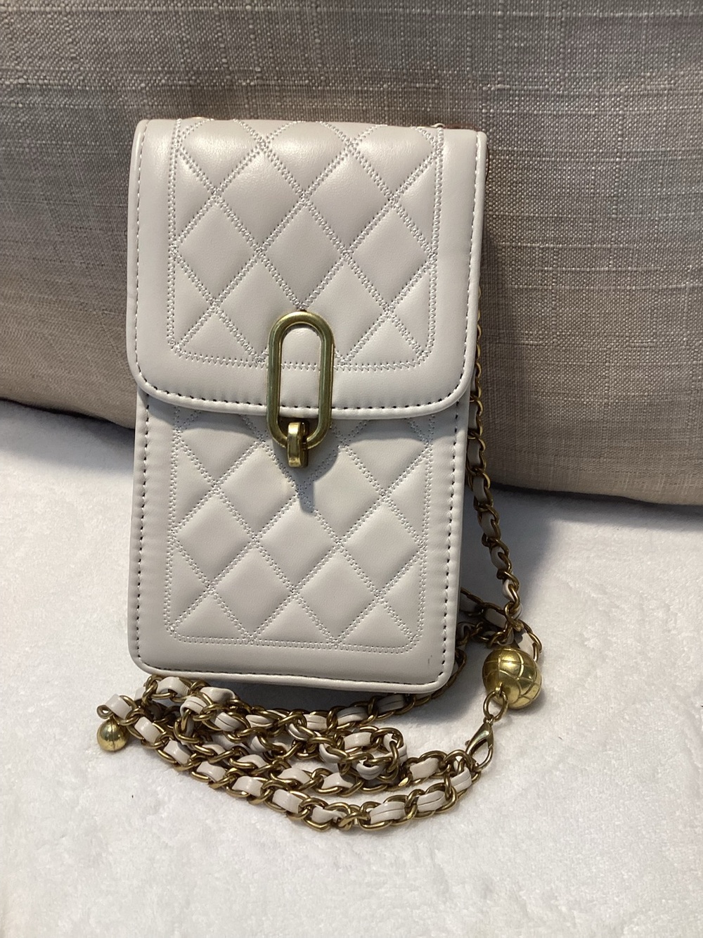 White Quilted Crossbody Phone Bag with Gold Chain